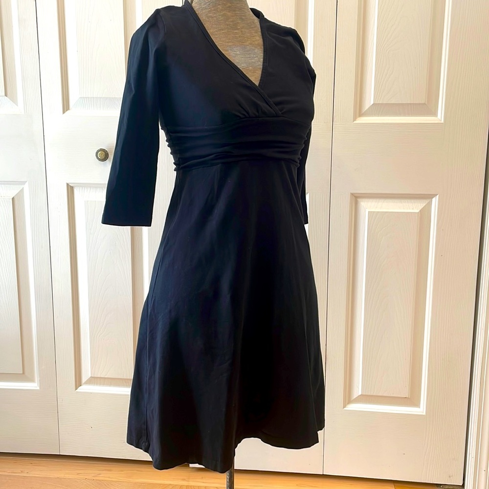 Patagonia black faux wrap 3/4 sleeve v neck cotton dress